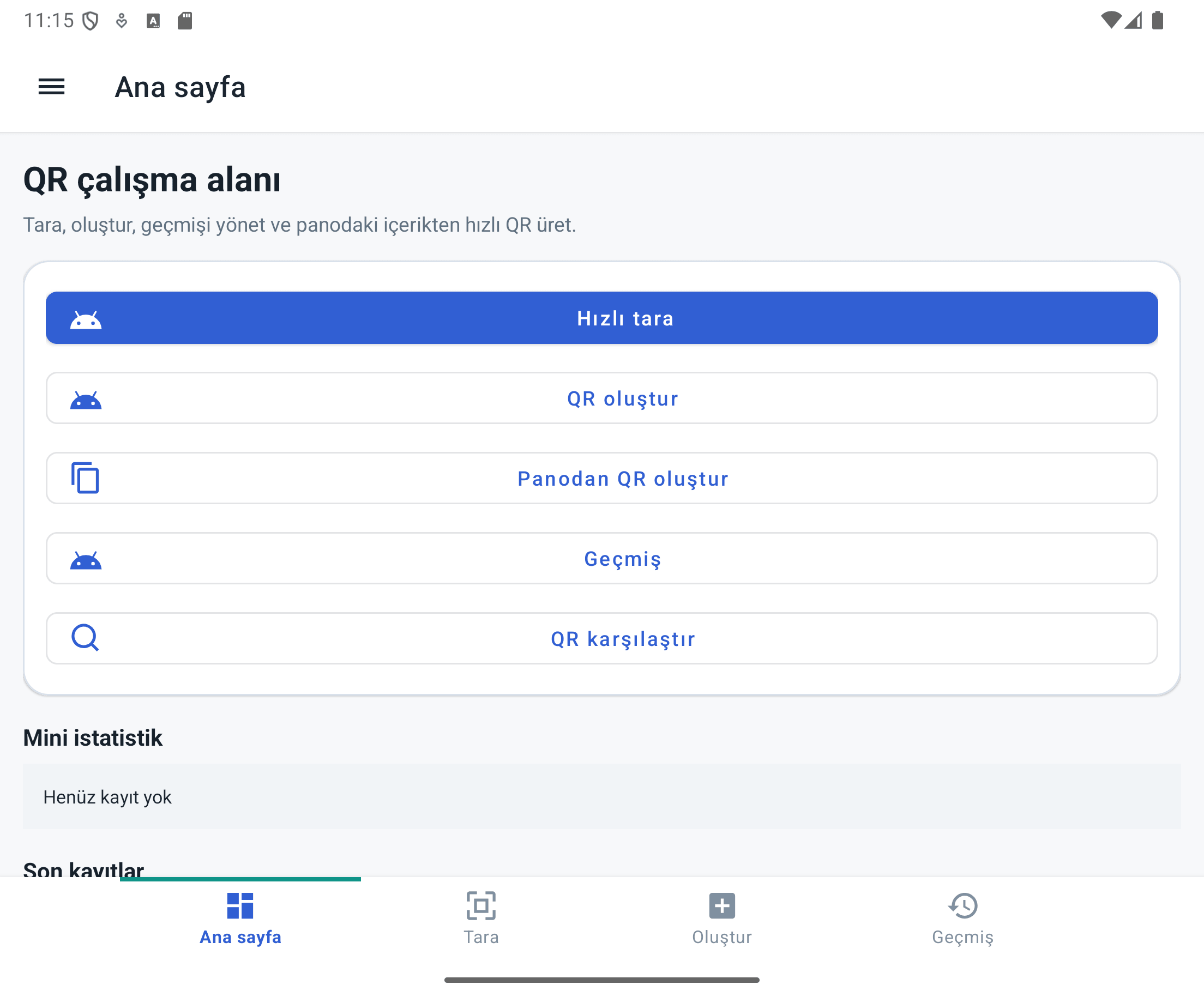 Barcode & QR Code Manager açık tema ana sayfa ekranı